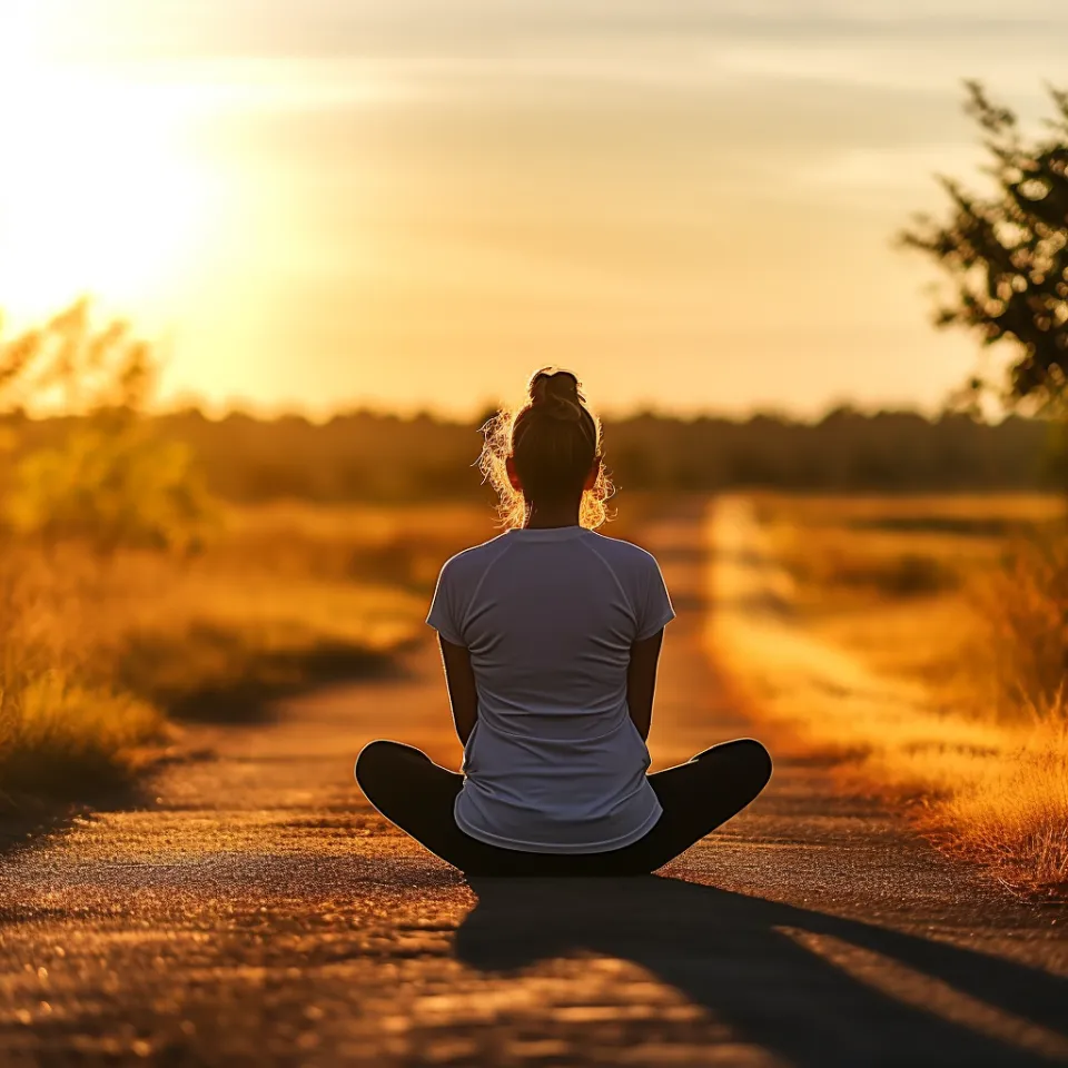 Mão em gesto meditativo ao pôr do sol