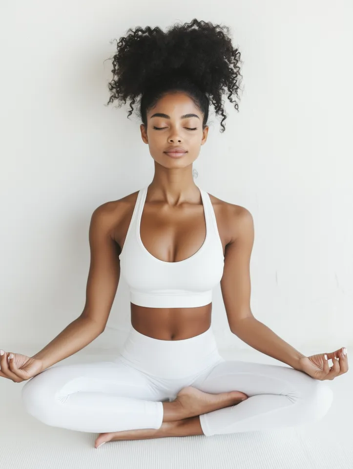 Mulher em exercício de respiração consciente